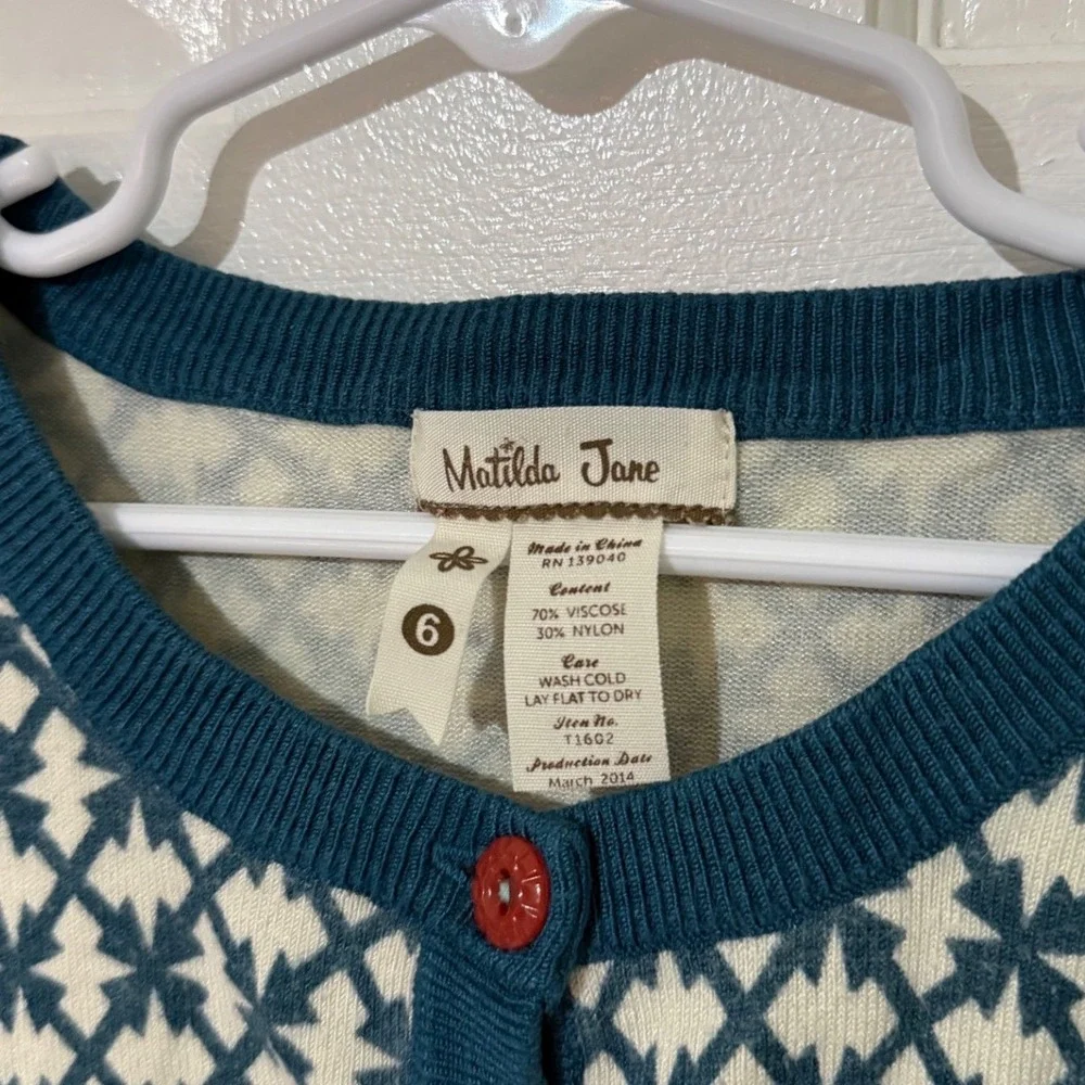 Matilda Jane Girls Teal Cream Geometric Star Cardigan Sweater Size 6‎ T1602